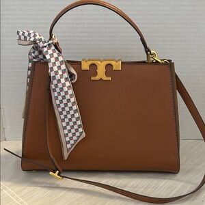 Tory Burch $700 Tan Eleanor Spazoletto Satchel with Gold Logo and Ribbon